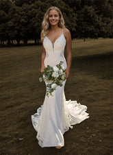 Long V-neck Open Back Satin Lace Mermaid Wedding Dresses